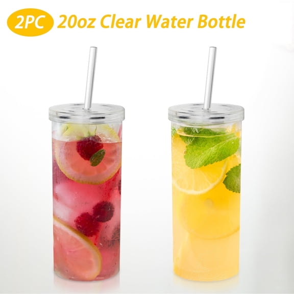 Koomade 2 Pack 20oz Plastic Tumblers with Lids & Straws, Wide Mouth Smoothie Cups, Clear Reusable Iced Coffee Cups