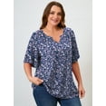 thumbnail image 3 of SHOWMALL Women's Plus Szie Tops V Neck Loose Fit Short Sleeve Indigo Clustered Blooms 3X Casual Blouse for Summer Relaxed Style Shirts Everyday Wear Outfit, 3 of 6