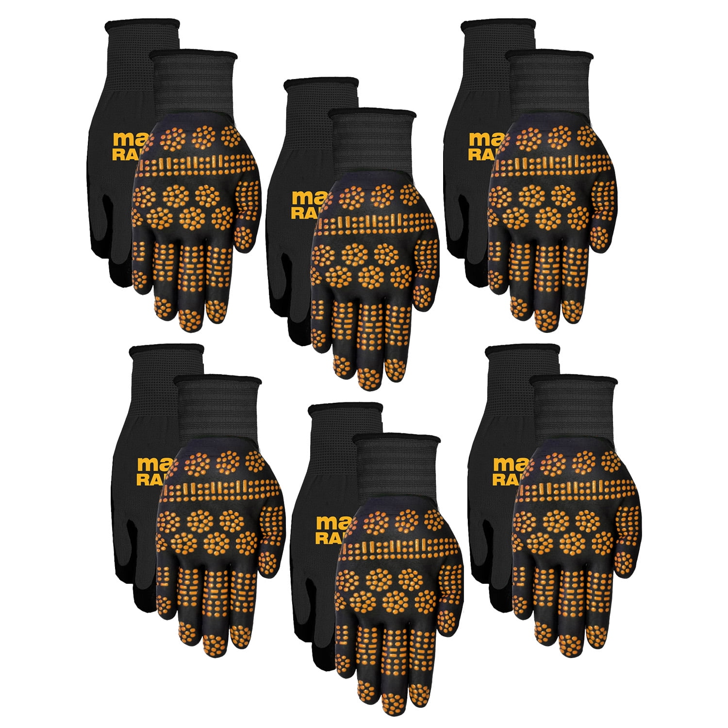 MidWest Gloves & Gear, Unisex, 6 Pack of Radial Max Grip™ Gloves, Black and Yellow, Size SM