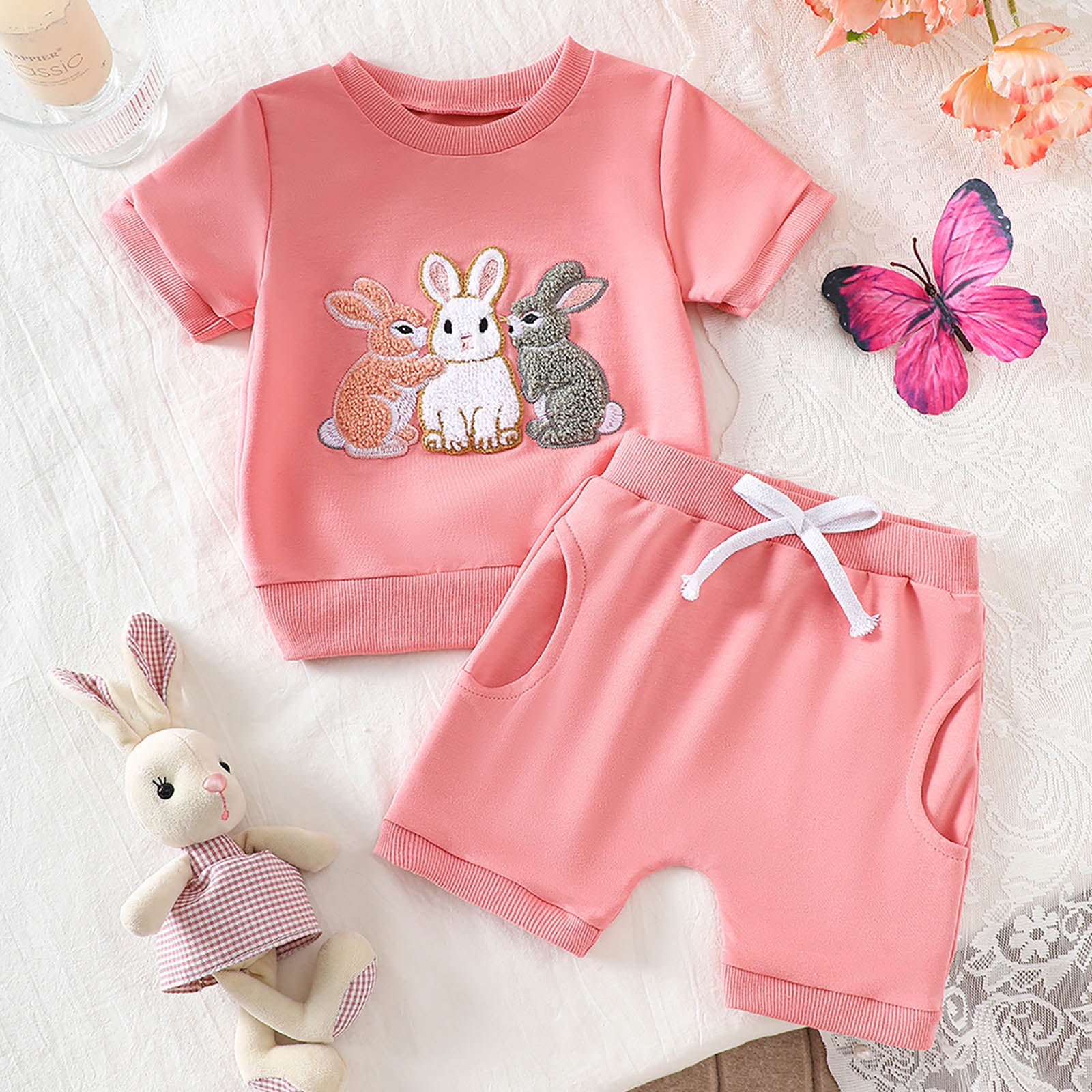 Faraee Toddler Girls Clothes Embroidery Cotton Summer Outfit Baby Kids Short Sleeve T-Shirt Tops Drawstring Pockets Shorts Clothing Set 3 6 12 18 24 Months 2t 3t Pink