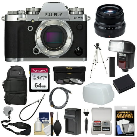 Fujifilm X-T3 4K Wi-Fi Digital Camera Body (Silver) with 35mm f/2.0 XF Lens + Backpack + 64GB Card + Battery + Charger + Tripod + Flash