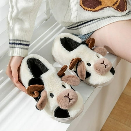 

QWZNDZGR New Pet Pig Cow Plush Slippers for Women Men Winter Warm Furry Cotton Slippers Couples Home Indoor Bedroom Slip On Fur Shoes