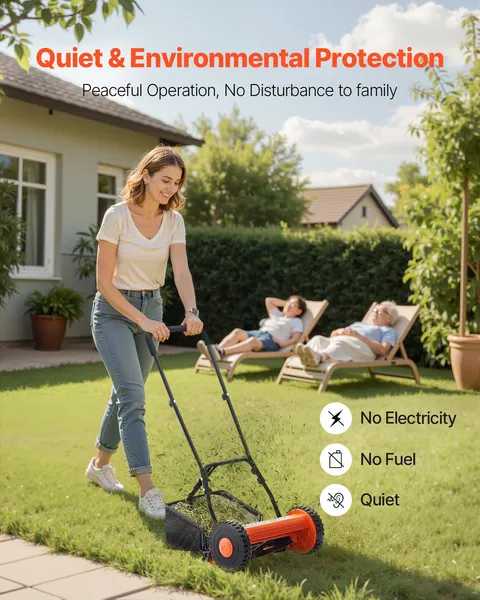 14 Inch Manual Push Reel Lawn Mower 5 Blade Adjustable Height with Grass Catcher and 2 Wheels