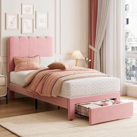 Bingirl Velvet Upholstered Twin Size Platform Bed Frame for Girls, Storage Headboard and Drawer, Strong Wooden Slats Support, Easy Assembly, Noise - Free, Velvet Pink