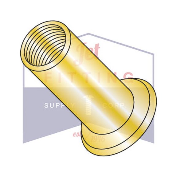 6-32 Large Flange Blind Threaded Inserts | Flat Head | Non-Ribbed | Open End | 1008-1010 Low Carbon Steel | Zinc Yellow Dichromate Plating (Quantity: 1000)