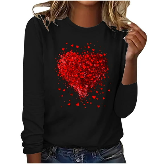 Kilaqueen Valentines Day Long Sleeve Shirts for Women 3D Heart Print Crew Neck Sweatshirts Casual Funny Cute Relaxed Fit Pullover Tops