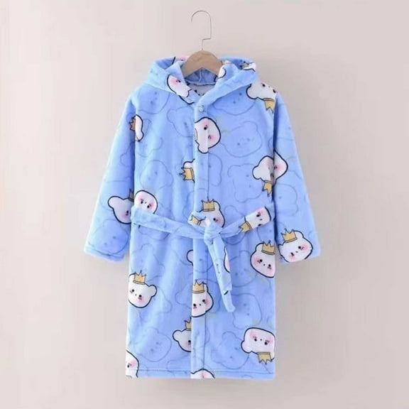 ATOGUTA Boys Girls Robes Fleece Bathrobe Unisex Boys Girls Flannel Hooded Fleece Bathrobe Winter Warm Blue, Size 5T-14
