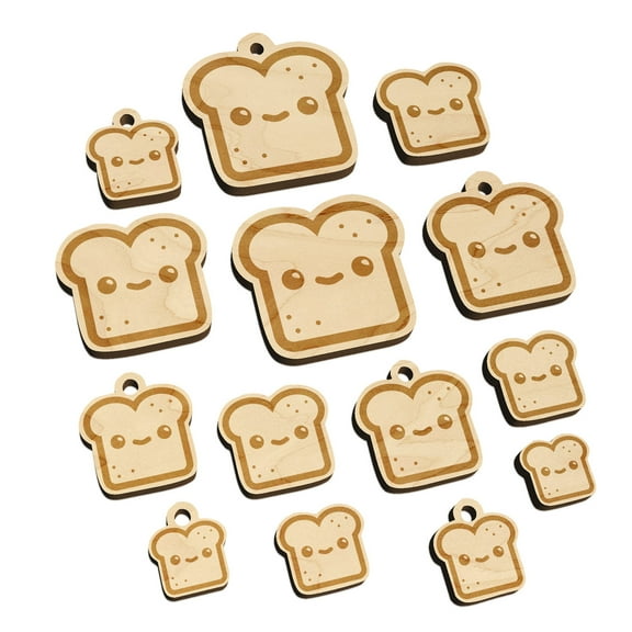 Cute and Kawaii Happy Toast Bread Wood Mini Charms Shapes DIY Craft Jewelry - With Hole - Various Sizes (16pcs)