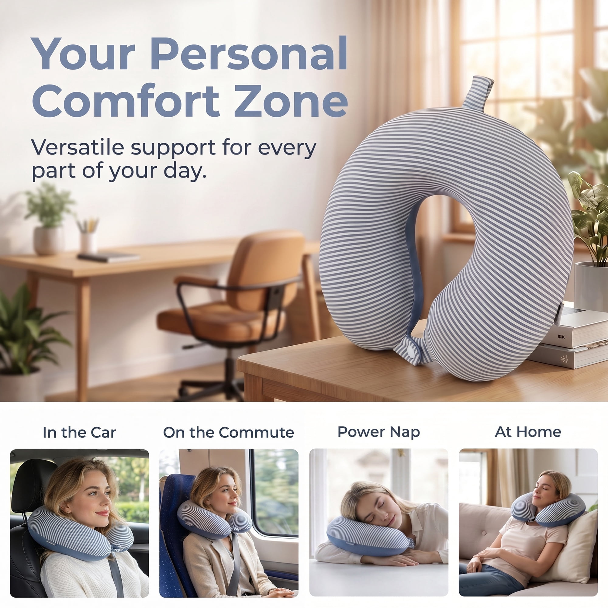 Unique Bargains Memory Foam Neck Pillow U Shape Snap Closure for Office Blue 11"x12"x4"