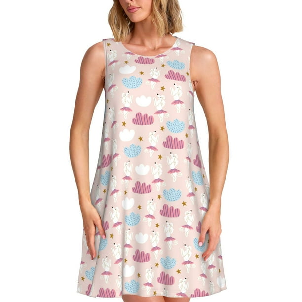 Fotbe Poodle In Ballet Skirts Dancing Vestido de Verano sin Mangas para Mujer – Vestido Midi Línea A, Estilo Camiseta Floral, Vestido Playero Casual y Fluido