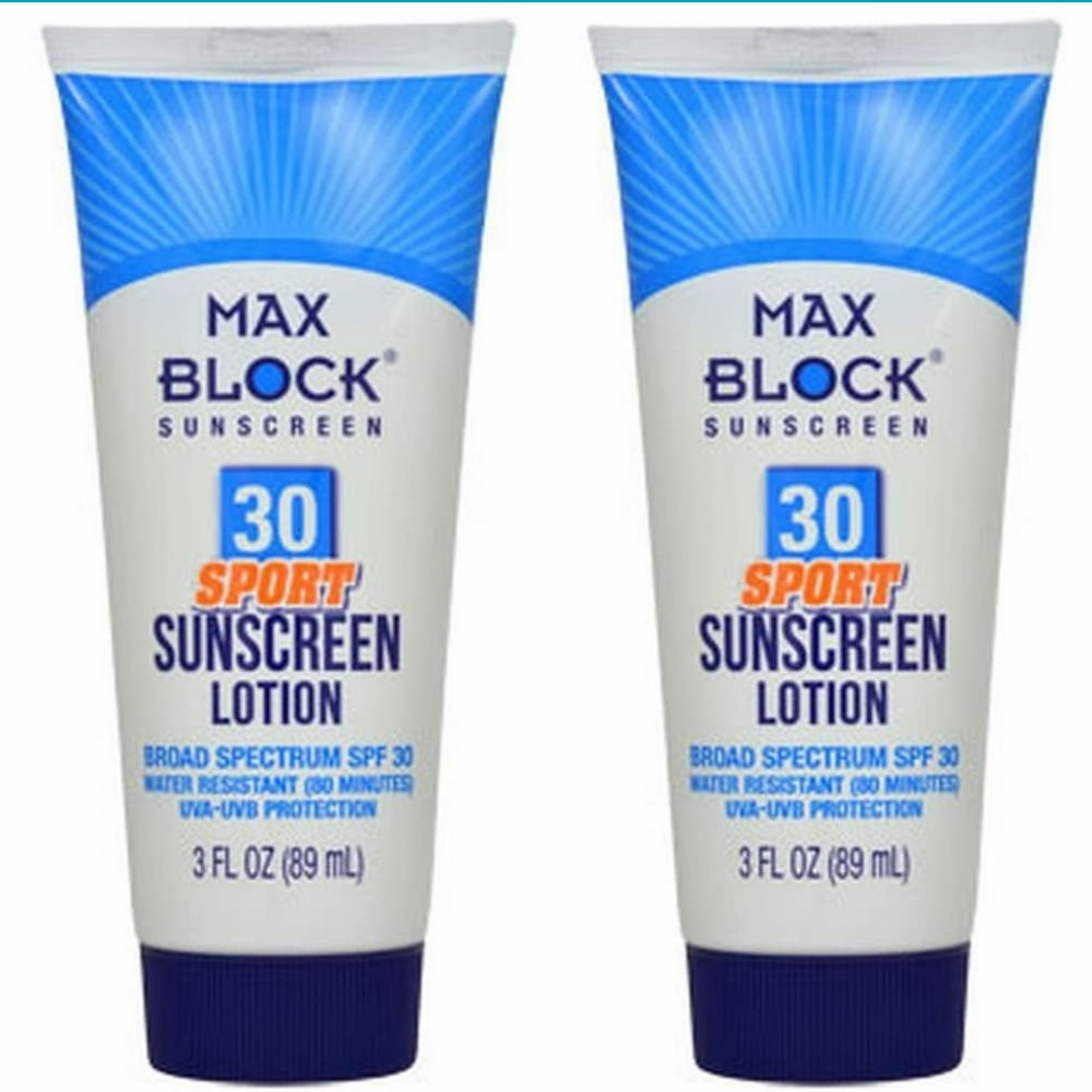 2 Packs Max Block 30 SPF Sport Sunscreen Lotion, Broad Spectrum Water