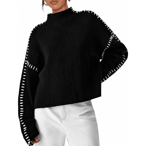 Olaglory Women's Pullover Sweaters Chunky Knit Long Sleeve Mock Neck Oversized Sweaters for Women Drop Shoulder Ribbed Winter Fashion Clothes 2026, Black