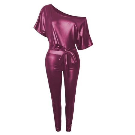 KIHOUT Clearance Women s Rompers Fashionable Faux Leather Strap Off Shoulder Bodysuit Lady s Jumpsuits