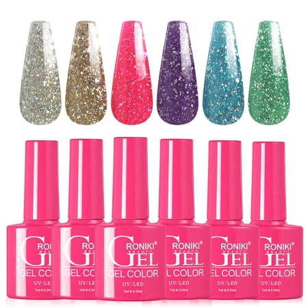 Glitter Gel Nail Polish Set, 6 Colors Sparkle Gel Polish Silver Pink Green Blue Purple Rose Gold Kit, Trendy Diamond Shiny Nail Gel Polish Set Home Salon DIY Manicure Gifts Kit for Women