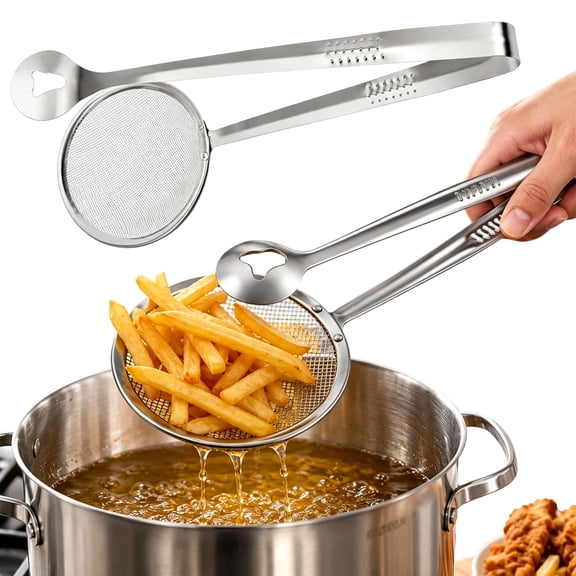 2-in-1 Fine Mesh Strainer Tongs Stainless Steel Oil Filter Spoon - Skimmer Clip Scoop Hold Drain, Fine Mesh Frying