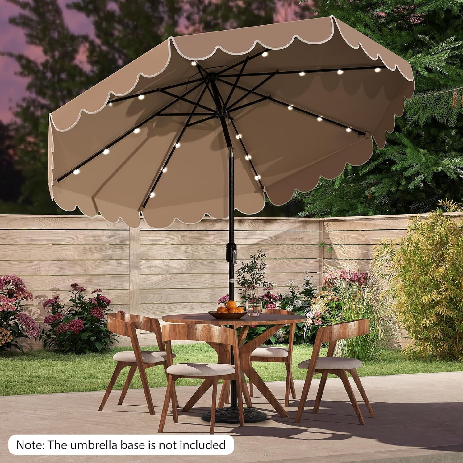 ZYPPP 10FT Solar LED Patio Umbrella, 2-Tiers Scalloped Outdoor Table Market Umbrella with 24 LED Lights, Vented Top, Tilt Adjustment, Crank, 8 Ribs for Backyard Poolside Deck Beach Lawn (Coffee)