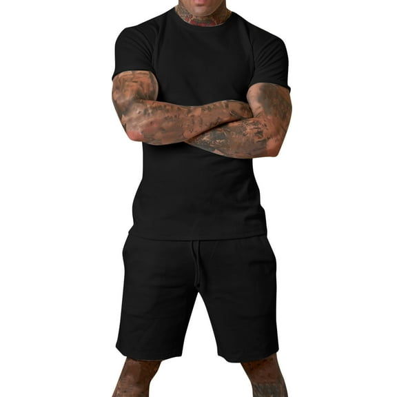 Stamzod Men's Suits Mens Short Sets 2 Piece Outfits Fashion Solid Color Tracksuits Casual Short Sleeve Shirt And Drawstring Waist Shorts Causal Sets