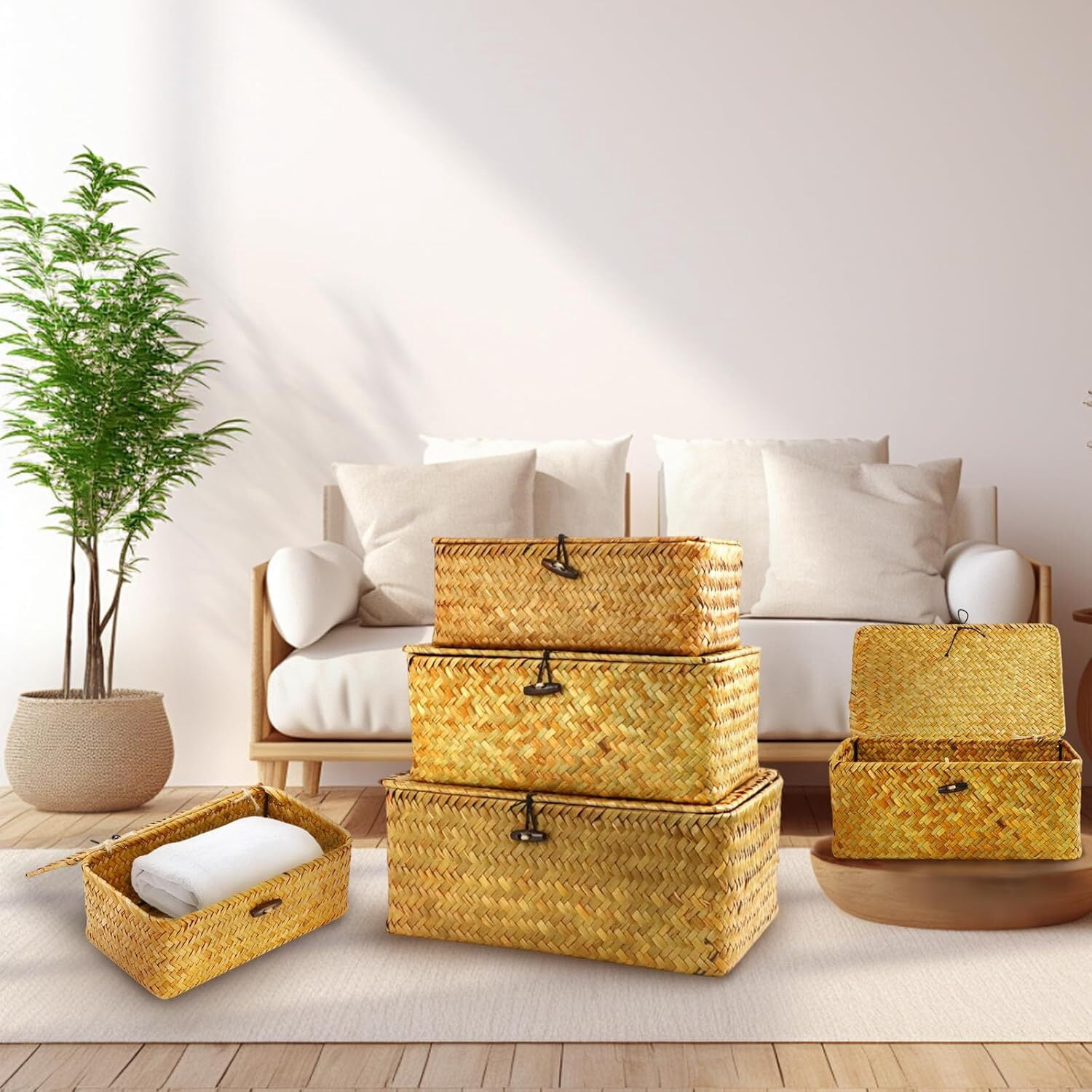 GoXteam Shelf Baskets with Lid Set of 3, Handwoven Seagrass Storage Bins Box Rectangular Seagrass Basket Storage Organizer Wicker Basket for Shelf