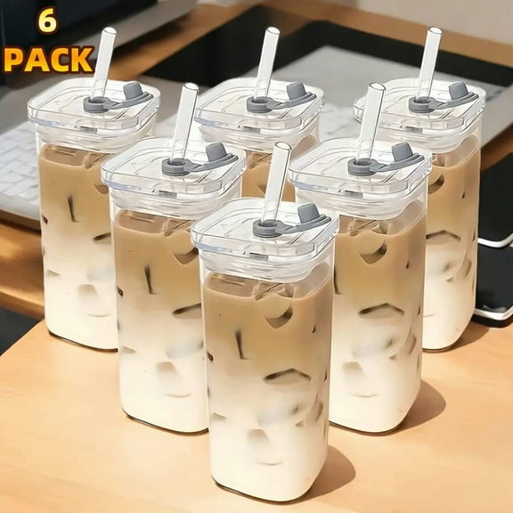 6-Piece Square Lidded Glass Cup Set - With Straw & Straw Brush, Portable Iced Coffee/Father's Day Cups for Office/Party/Home/School/Outdoor