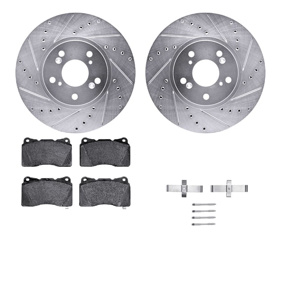 Dynamic Friction Company Front Brake Rotors-Drilled and Slotted-Silver with 5000 Advanced Brake Pads includes Hardware 7512-58025