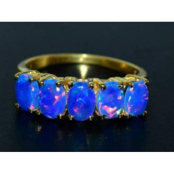 Unique Blue Opal Oval Ring – Dainty Sterling Silver Half Eternity Wedding Band, Birthstone Matching Anniversary Gift for Women Silver 4