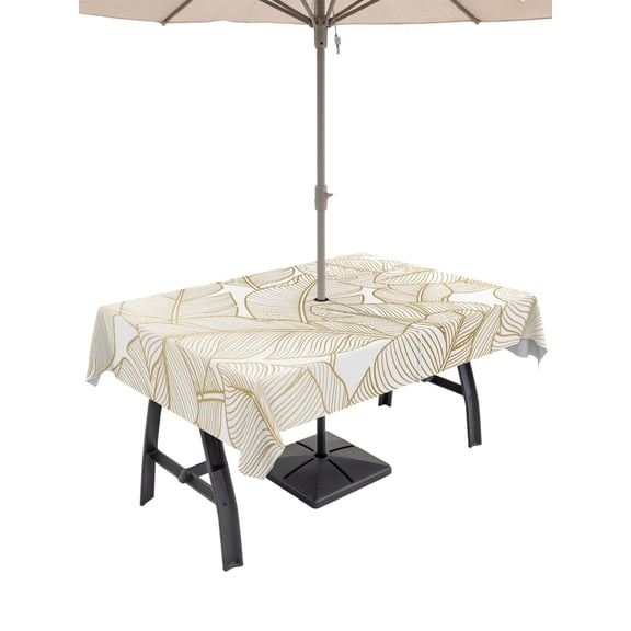 Outdoor Tablecloth with Umbrella Hole for Patio/Picnic/Party/Camping, Banana Leaves Waterproof Table Cloth Rectangle Table Cover Washable, Summer Tropical Plants Leaf Gold White (60"x 84")