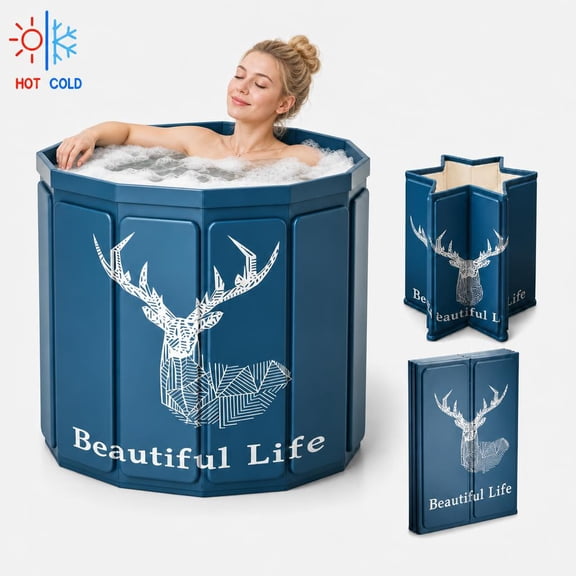 LUOLUO 27"Upgraded Foldable Bathtub,No-Installation Portable Bathtub for Adults and Kids,Hot Ice Bath Tub for Home & Outdoor (Deerlet Blue)