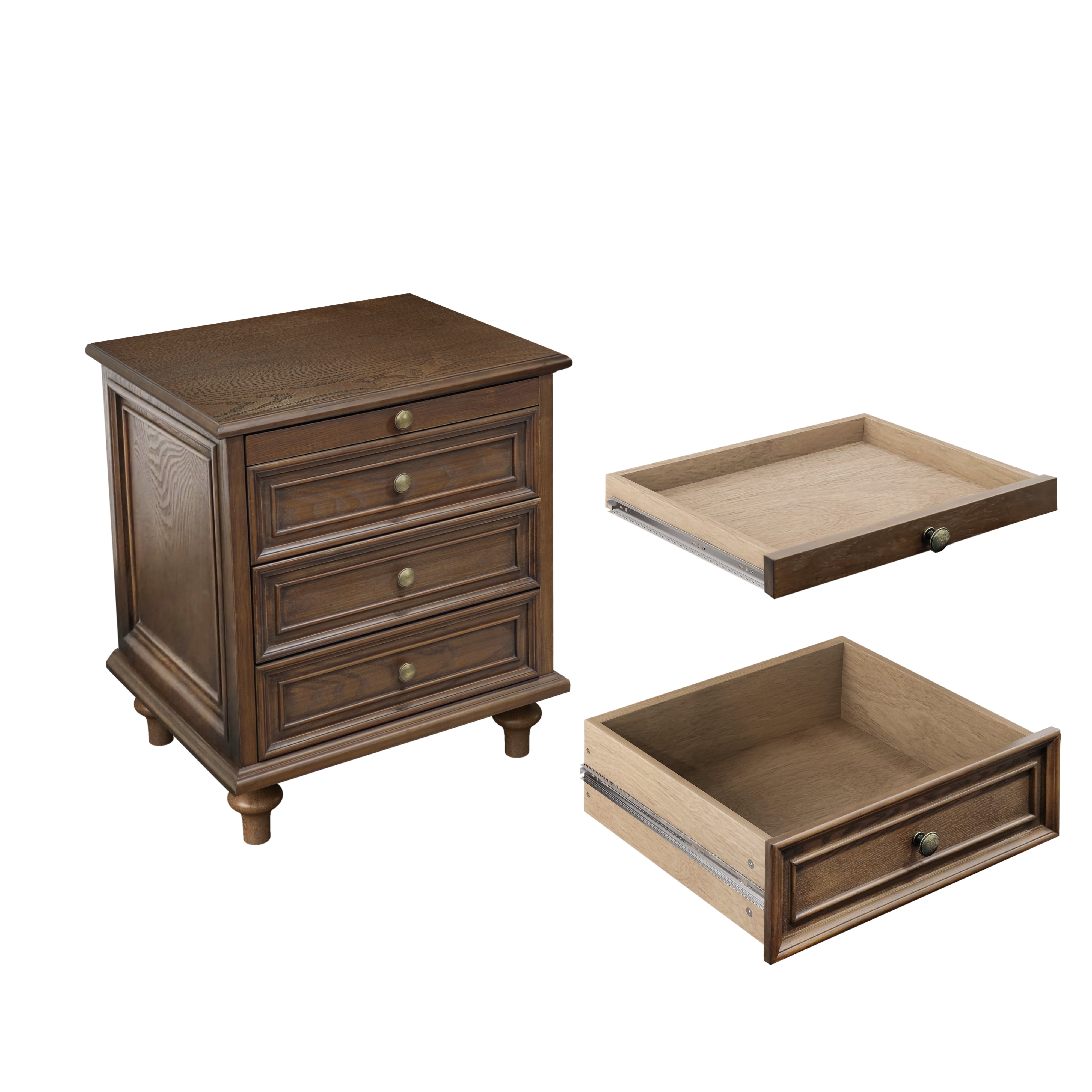 Farmhouse Nightstands Set of 2 with 4 Drawer,Wood Storage End Table with Hidden Pull-Out Shelf, Large Side Table with 4 Solid Wood Feet and Metal Handle,Easy Assembly,Walnut Brown