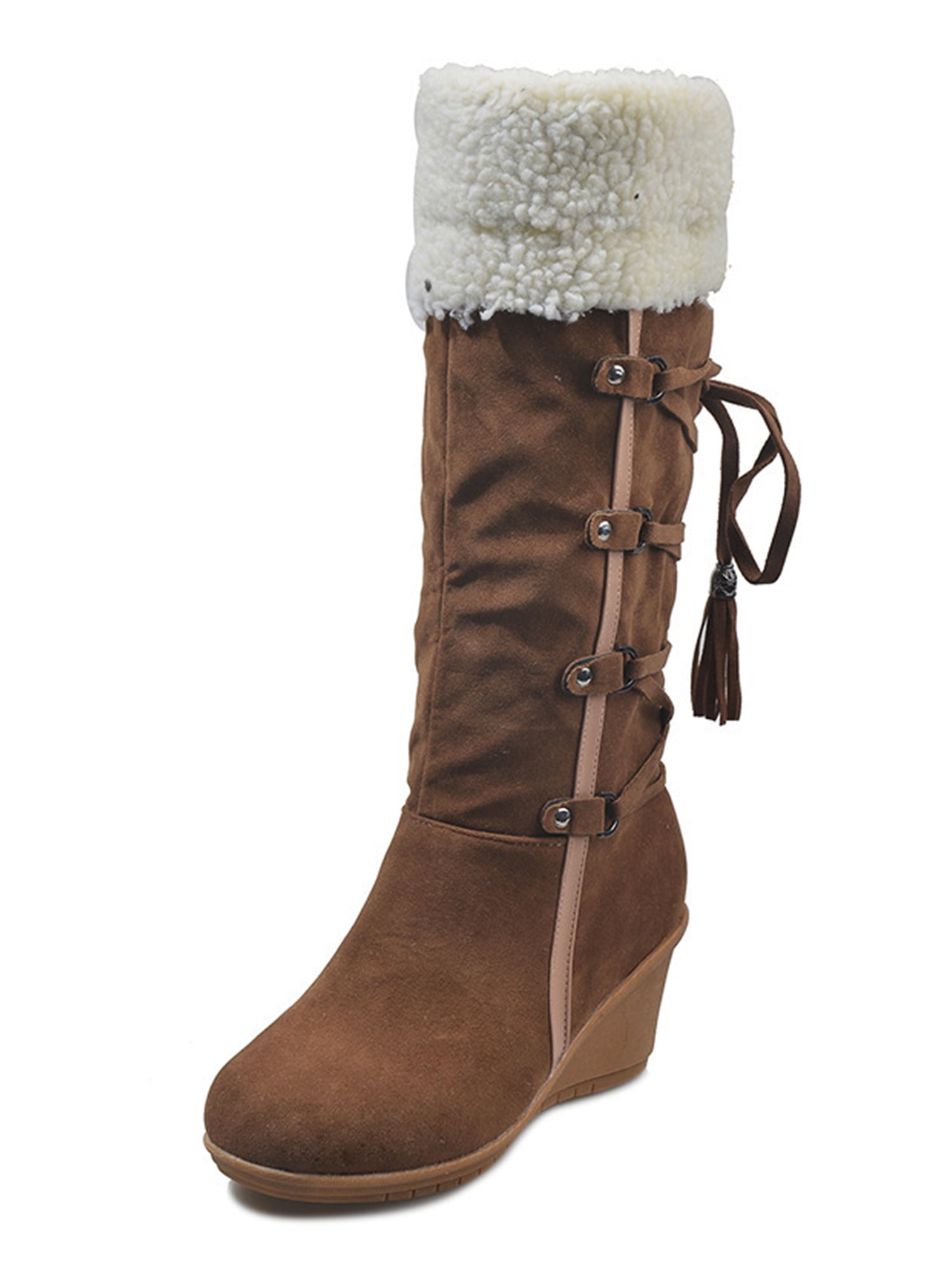 Dress Winter Snow Boots For Women Ladies Fashion Plush Fur Lined Warm Suede Round Toe Wedge Platform Slip On Mid Calf Boots Cozy Fleece Lining Chunky Bottom Mid Heels Short Boots For Christmas 