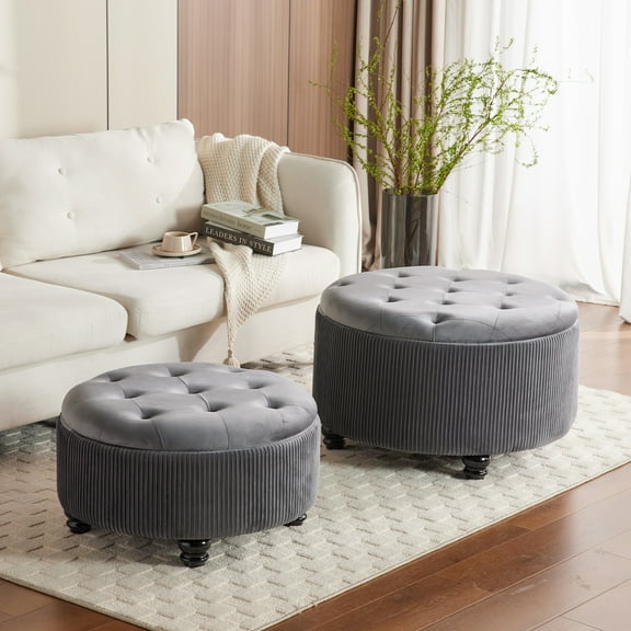 2BYF Large Round Storage Ottoman Coffee Table Set of 2, Modern Button Circle, Upholstered Footrest Stool