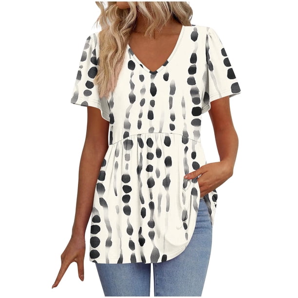 Tops de Ajuste Suelto para las Mujeres Imprimir Plisado Patchwork Cuello en V Manga Corta, Blusa de Moda para el Hogar Y Diario