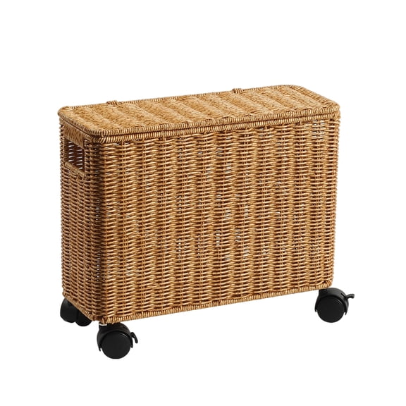 Narrow Tall Plastic Wicker Storage Bin with Lid and Wheels, Rolling Gap Organizer for Sofa Side, Corner, Bathroom Farmhouse Laundry, Toy, and Magazine Basket
