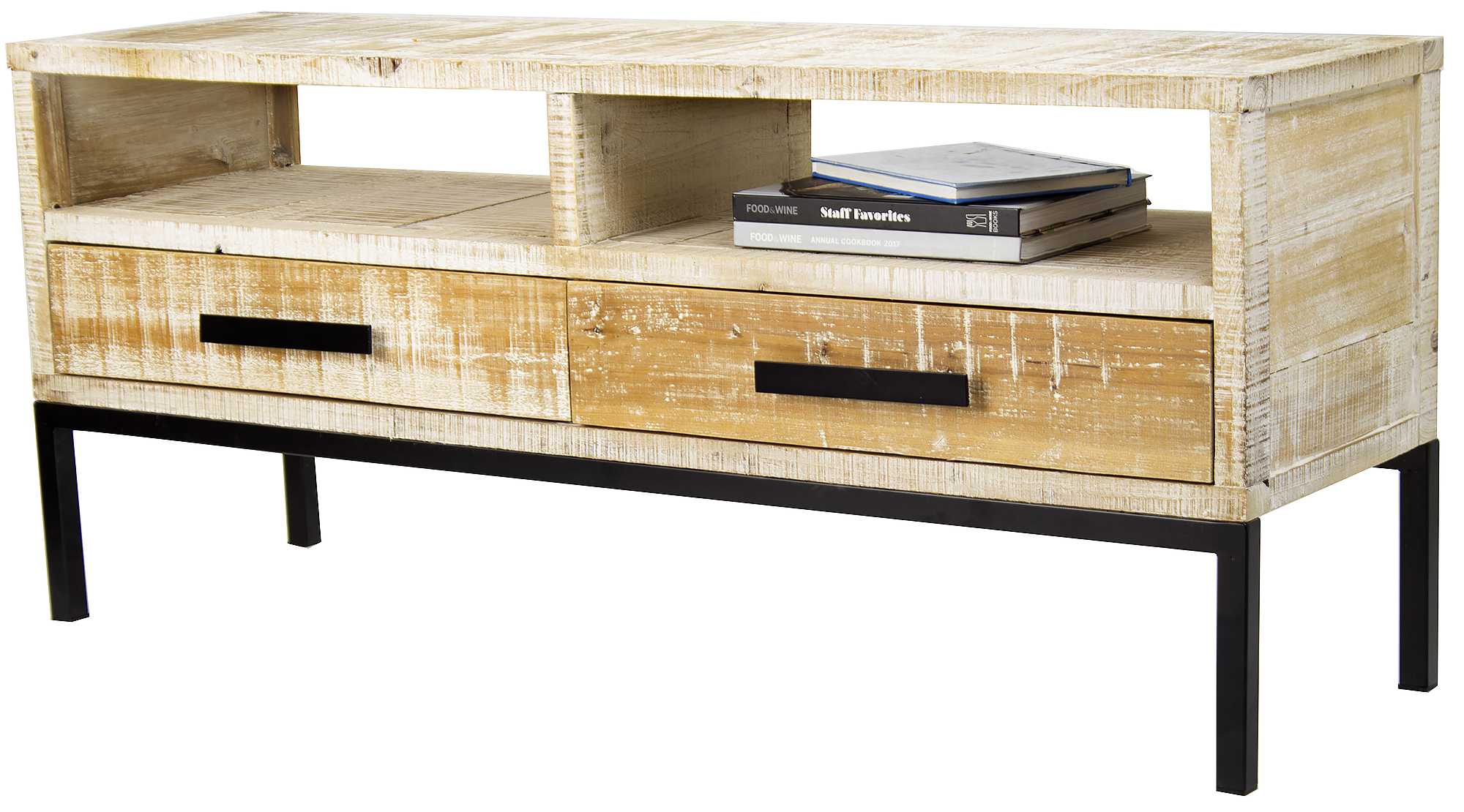 Distressed Wood TV Stand with 2 Shelves and 2 Drawers, and Iron Handles