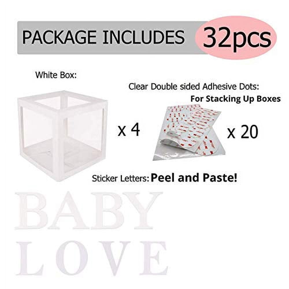 POSHBEBE Baby Shower Decorations for Girl and Boy - 4 Clear Boxes with LOVE and BABY Stickers - Gender Reveal Transparent Box for Balloons,Birthday, Bridal Shower And Wedding Decorations