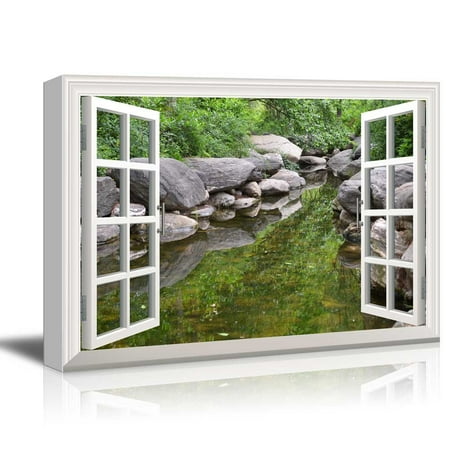 Window Frame Art Canvas Print Wall Art - Window Frame Style Wall Decor - Clear Spring, Big Rock and Green Trees | Giclee Print Gallery Wrap Modern Home Decor. Stretched & Ready to Hang - 24