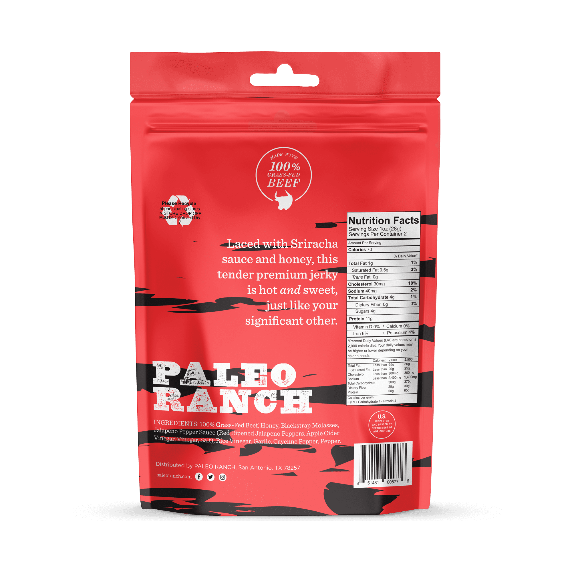 PALEO RANCH, Honey Sriracha Pork Bacon Jerky, No Added Hormones, No Preservatives 1.5 oz (Pack of 4)