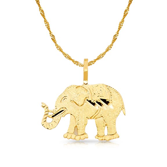 14K Yellow Gold Elephant Charm Pendant with 1.2mm Singapore Chain Necklace