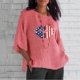 thumbnail image 2 of Blusa de lino con cuello redondo y mangas tres cuartos para mujer con estampado de bandera a la moda Pompotops hfajkhk133428, 2 of 6