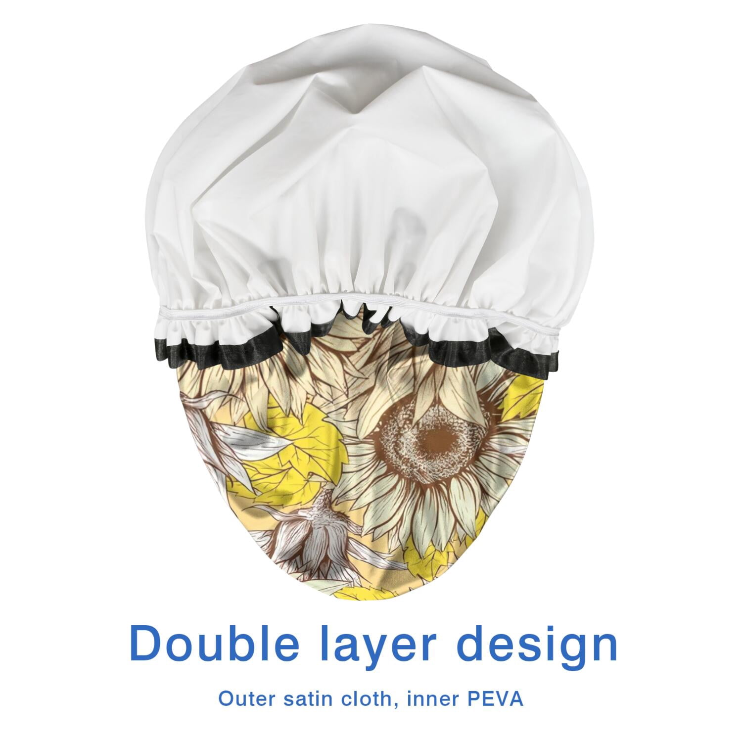 Shower Caps,Yellow Sunflower Bud Leaf Pattern Waterproof Shower Cap for Women 4 Pieces,Double Reusable Hair Cover for Shower PEVA Elastic Stretch Hem