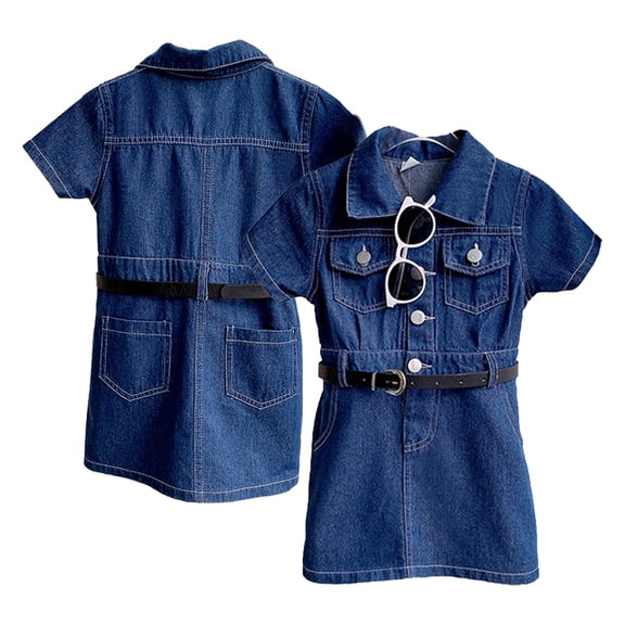 LYMAYTER Girls Denim Dress Casual Short Sleeve Button Down Belted Shirt Dresses for kids 2-8Y