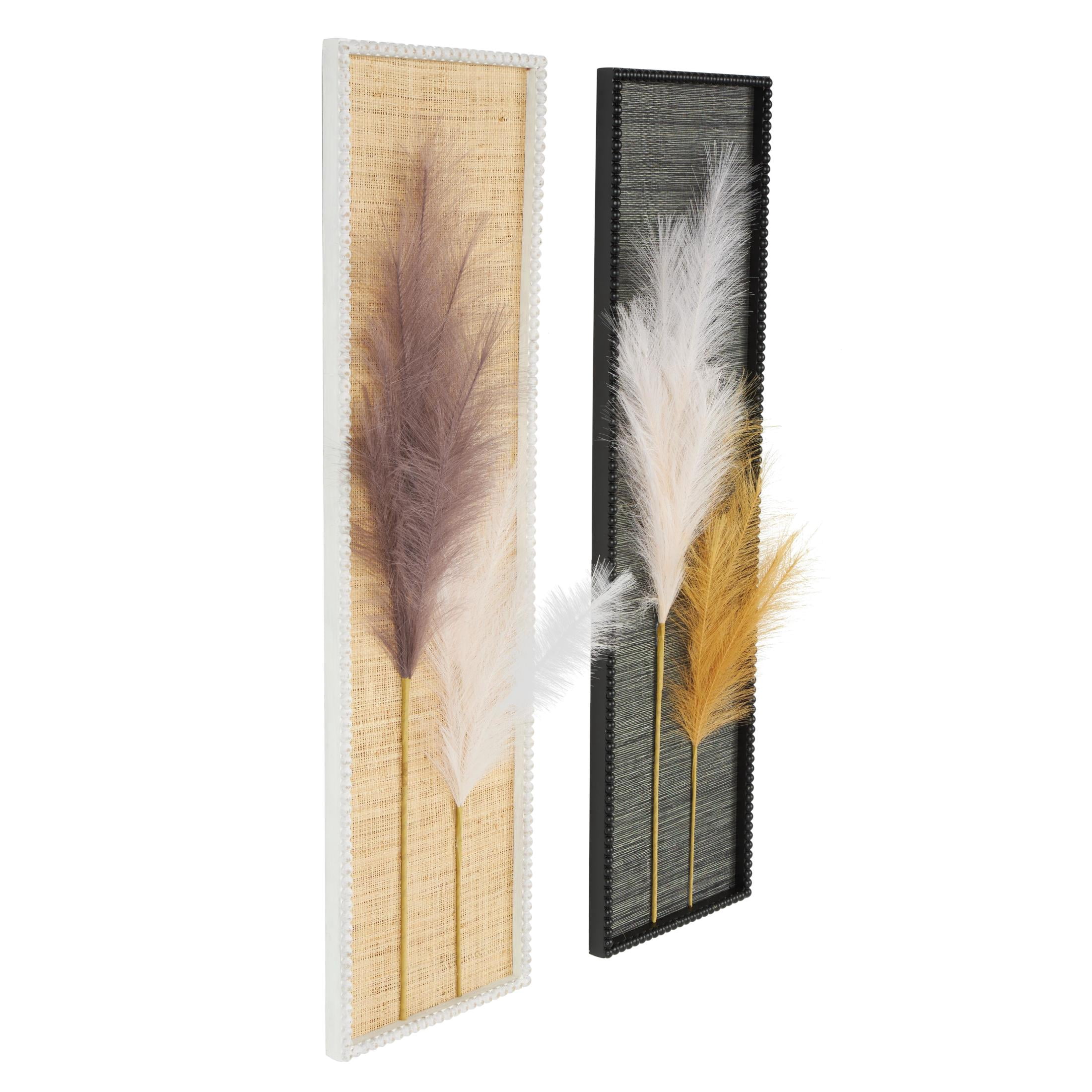 DecMode Brown Wood Handmade 3D Pampas Stem Leaf Wall Decor with Textured Backing and Beaded Frame (2 Count)