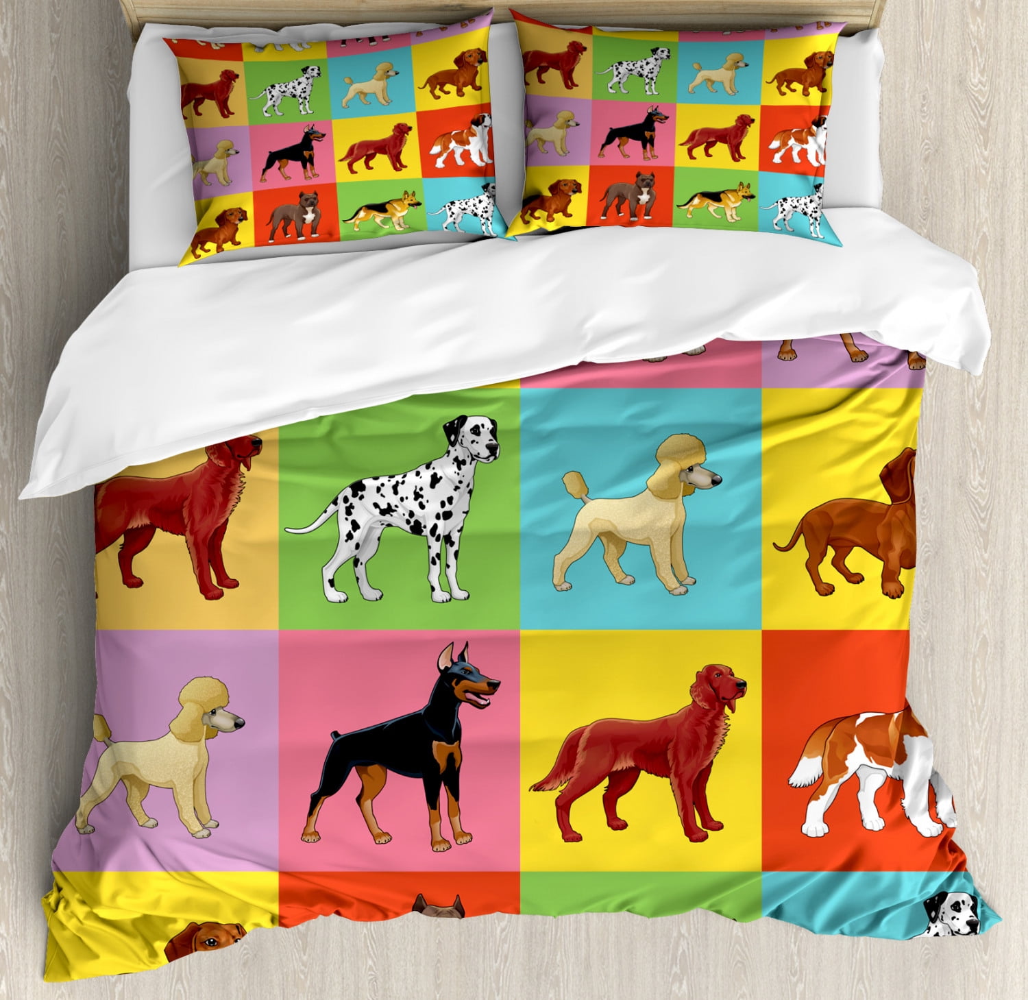 Dogs Duvet Cover Set Queen Size, Colorful Checkered Pattern with ...