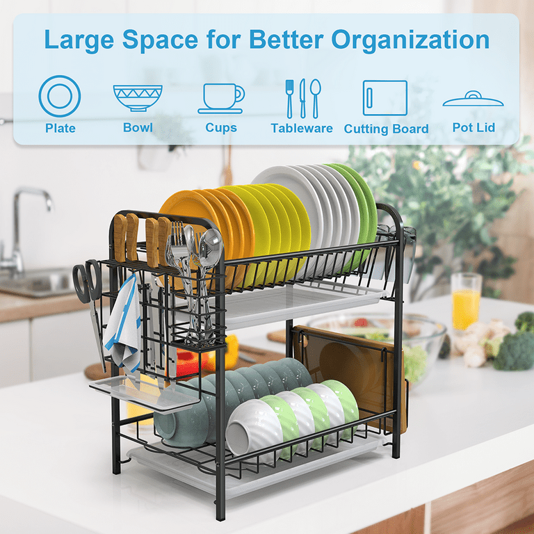 Dish Drying Rack, Auledio 2 Tier Dish Rack Organizer with Utensil Knife Holder and Cutting Board Holder Rustproof Dish Drainer with Removable Drain