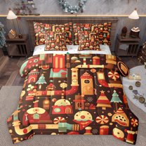 Manfei Merry Xmas 7-Piece Bedding Comforter Set,Happy Christmas King Bedding Sets,Brown Beige Bed Sheets For Girls,Microfiber Bedroom Decor Reversible