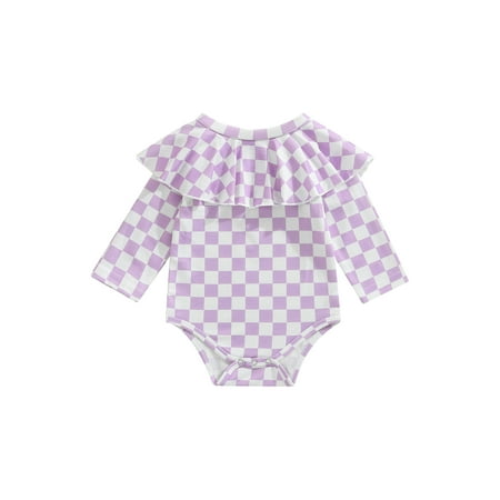 

Frobukio Toddler Baby Boys Girls Spring Romper Long Sleeve Checkerboard Grid Flounce Layer Snap Triangle Jumpsuit Purple 6-12 Months