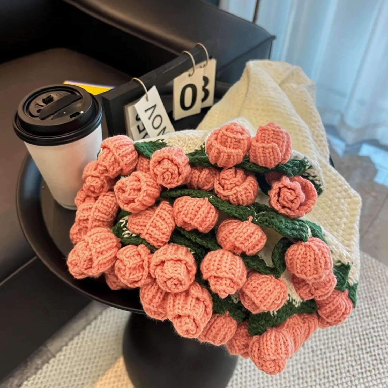 Pekkaxy Handmade Crochet Rose Bouquet Blanket, Soft Knit Throw for Bed Sofa Couch, Decorative Flower Blanket for Valentines, Birthday, Wedding Gift, 3 Sizes