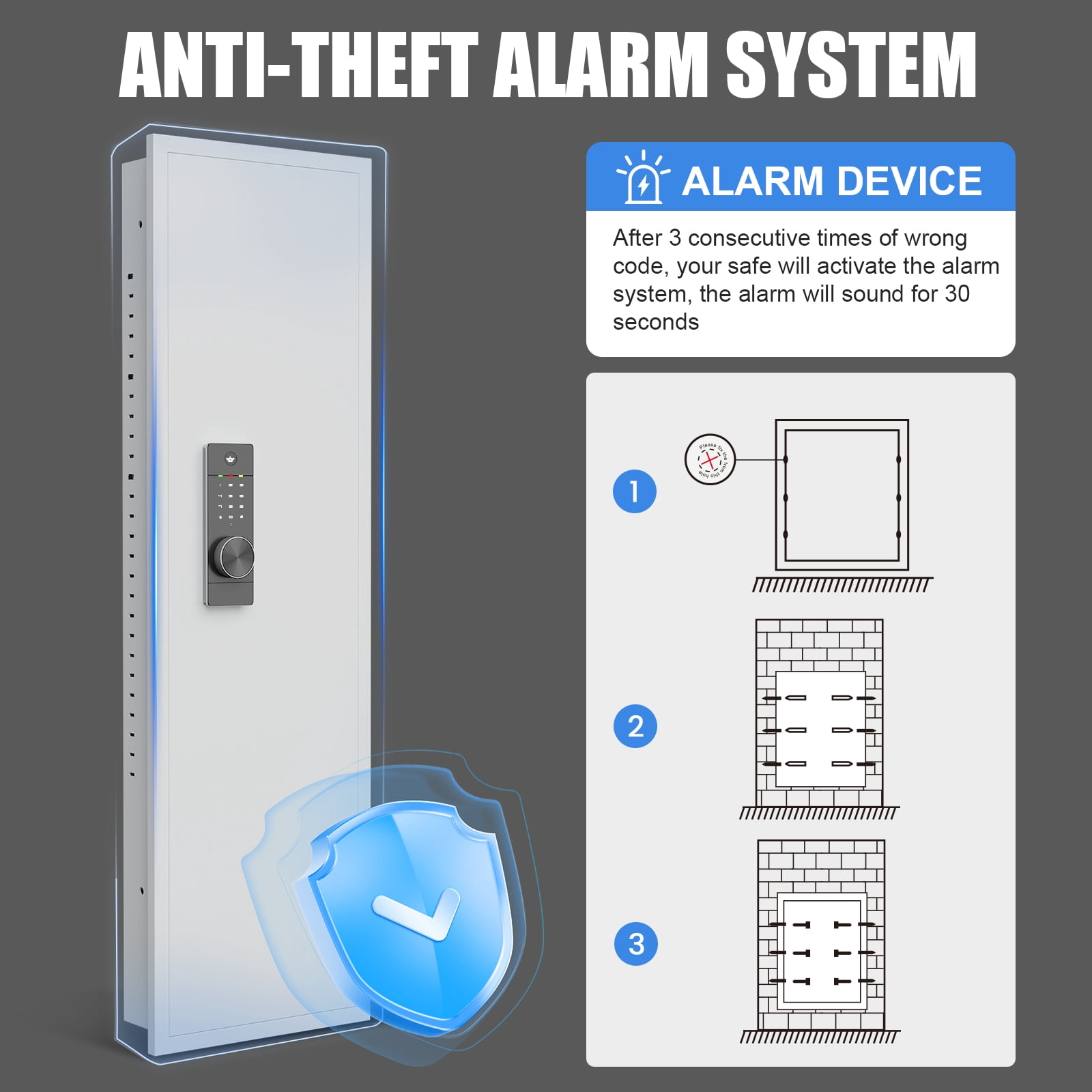 53.15" Wall Gun Safes,  Dual Alarm System And Silent Mode, Gun Cabinet With 3 Adjustable Shelves, Magnetic Slot And Key Hook