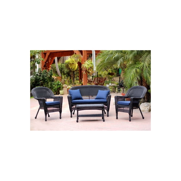 Jeco 4pc Black Wicker Conversation Set - Midnight Blue Cushions