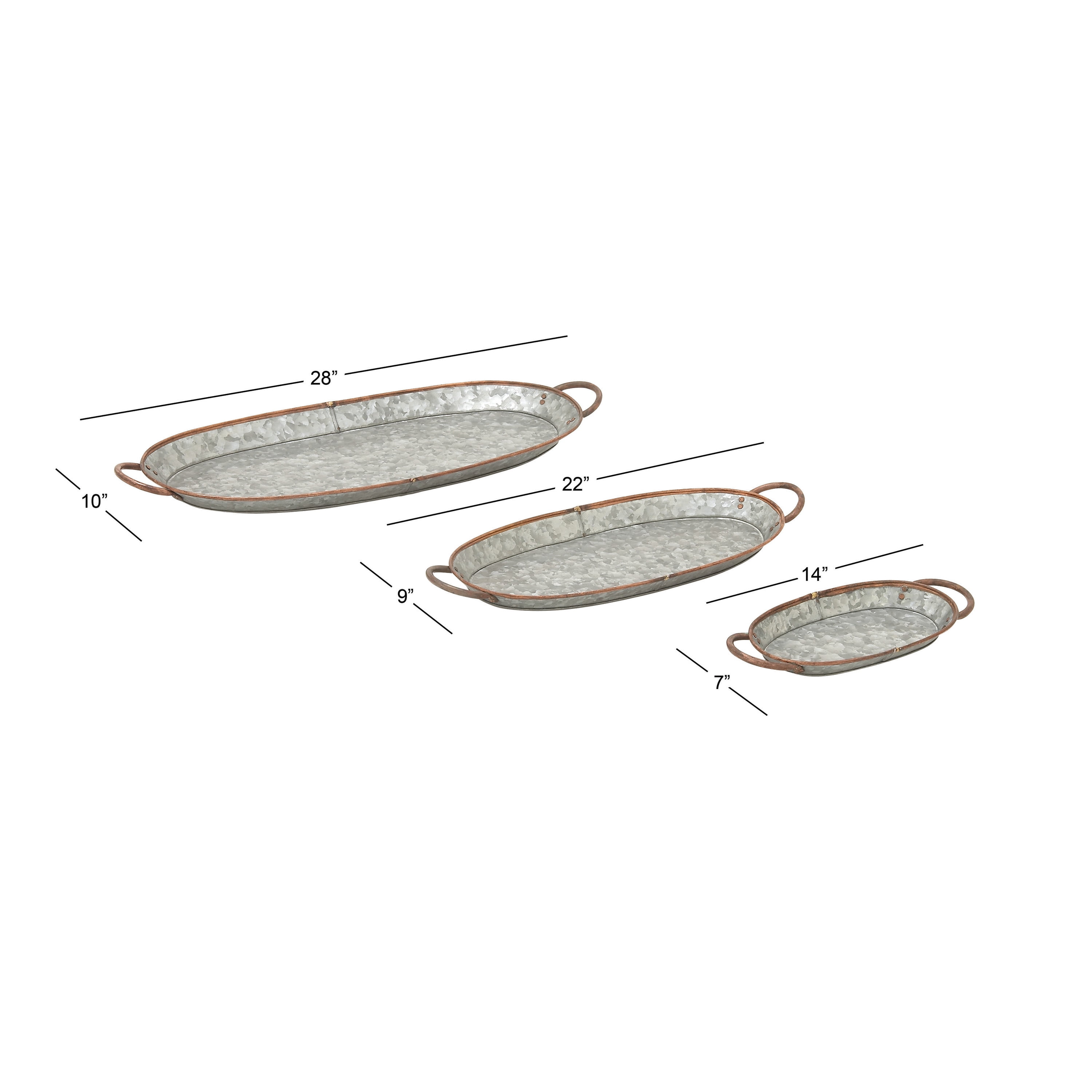 DecMode 14", 22", 28"W Gray Metal Galvanized Tray, 3-Pieces