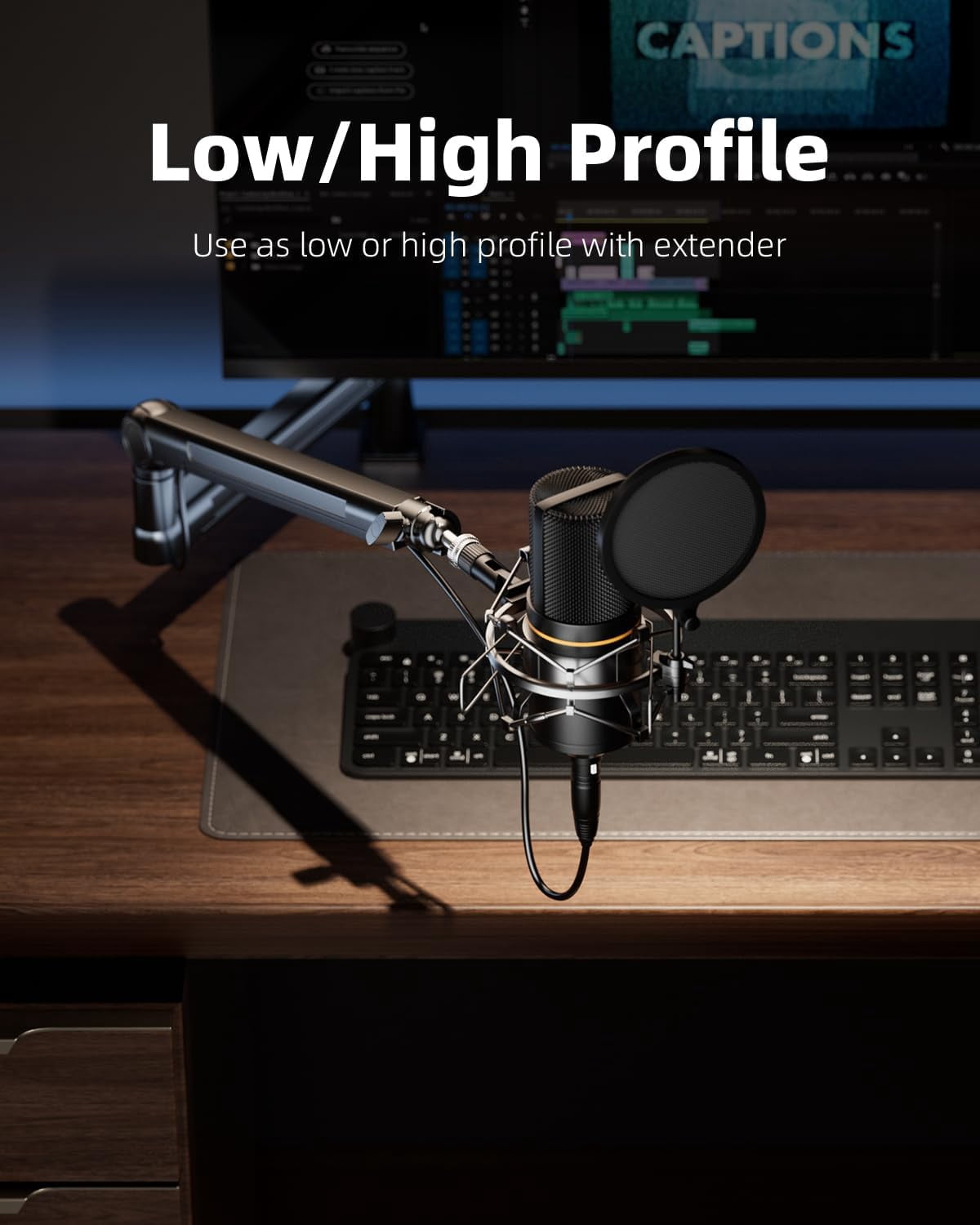 Heavy Duty  Arm Mic Stand with Extension Riser, Adjustable All Metal Desk Microphone Holder for Gaming Streaming Podcasting, 4.5LBS Load Capacity, 3/8 and 5/8 Inch Thread